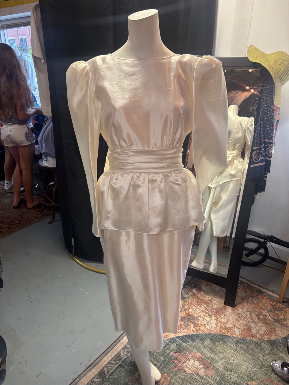 Satin vintage Ivory Peplum Midi Dress with Long Puff Sleeves